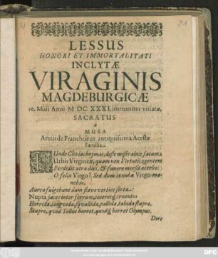 Lessus Honori Et Immortalitati Inclytae Viraginis Magdeburgicae 10. Maii Anni MDCXXXI. immaniter vitiatae, Sacratus