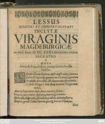Lessus Honori Et Immortalitati Inclytae Viraginis Magdeburgicae 10. Maii Anni MDCXXXI. immaniter vitiatae, Sacratus