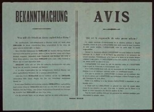 "Bekanntmachung. Wen trifft die Schuld an diesen (sic!) unglücklichen Krieg" Ausführungen über die angebliche Schuld Englands am Kriegsausbruch