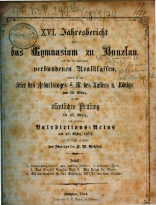 Jahresbericht : über das Schuljahr Ostern ... bis Ostern .... 1873/74 = Mikrofiche-Ausg.