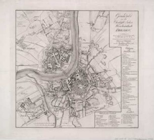 Plan von Dresden, ca. 1:11 000, Kupferstich, 1801 : Grundriß von der Churfürstl. Sächsis. Residentzstadt Dresden / genau aufgenommen und gezeichnet von I. G. L. C. Keyl sc.. - [Ca. 1:11 000]. - Pirna ; Dresden : Arnold , 1801. - 1 Kt. : Kupferstich ; 31 x 34 cm // Maßstab in Dresdner Ellen und Schritt. - Mit Erl. - Karte ist auch enthalten in: Friedrich Christian August Hasse, Dresden und die umliegende Gegend bis Elsterwerda, [...], 1801