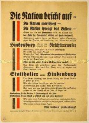 Reaktionär-pronationaler programmatischer Wahlaufruf für Hindenburg, wohl zur Reichspräsidentenwahl