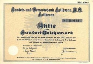 Aktie der Handels- und Gewerbebank A.G. über 100 RM Nr. 21618