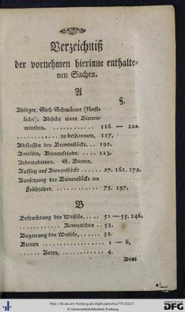 Verzeichniß der vornehmen hierinne enthaltenen Sachen.