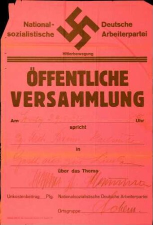 Versammlung der NSDAP-Ortsgruppe Achern: Hitler zum Bauerntum (in Sasbachwalden)