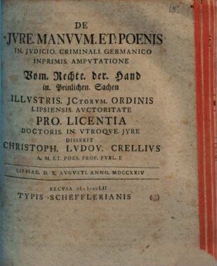 De iure manuum et poenis in iudicio criminali Germanico inprimis amputatione, Vom Rechte der Hand in peinlichen Sachen