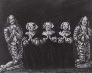 Grabstein in der Kirche zu Uhyst unter der Orgel, Dr. von Metzvad, Dr. von Gersdorff und 3 Frauen, kniend, ca. 1670-1700