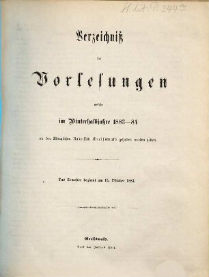 Verzeichnis der Vorlesungen der Universität zu Greifswald. 1883/84 WH