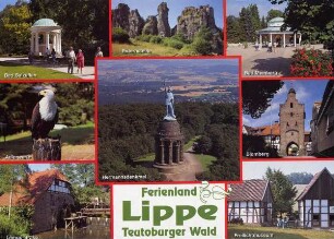 Postkarte: Ferienland Lippe Teutoburger Wald. Hermannsdenkmal, Lemgo-Brake, Adlerwarte, Bad Salzuflen, Externsteine, Bad Meinberg, Blomberg, Freilichtmuseum