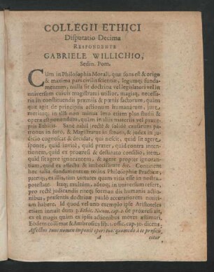 Collegii Ethici Disputatio Decima. Respondente Gabriele Willichio