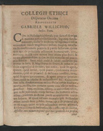Collegii Ethici Disputatio Decima. Respondente Gabriele Willichio