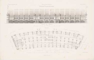 Bahnhof Friedrichstraße, Berlin: Grundriss, Ansicht von Süden (aus: Atlas zur Zeitschrift für Bauwesen, hrsg. v. F. Endell, Jg. 35, 1885)