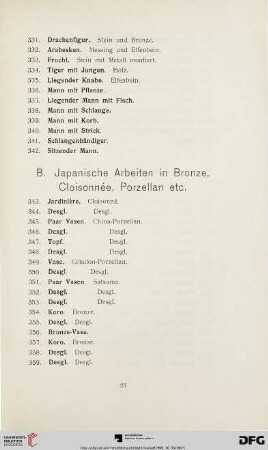 B. Japanische Arbeiten in Bronze, Chloisonnée, Porzellan etc. (Nr. 343-370)