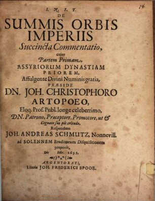Commentationis Succinctæ De Summis Orbis Imperiis Disputatio ..., 1