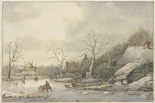 Winterlandschaft mit Schlittschuhläufern auf einem Kanal