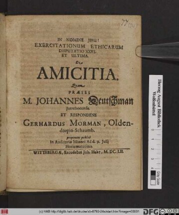 Exercitationum Ethicarum Disputatio XXVI. Et Ultima. De Amicitia