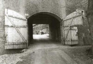 Bad Gottleuba-Hartmannsbach Nr. 30. Vierseithof (1796, A. 20. Jh.). Stallgebäude, Tordurchfahrt mit zweiflügeligem Holztor