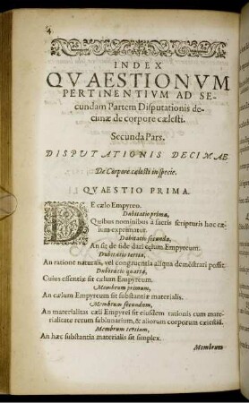 Index Quaestionum pertinentium ad Secundam Partem Disputationis decimae de corpore caelesti.