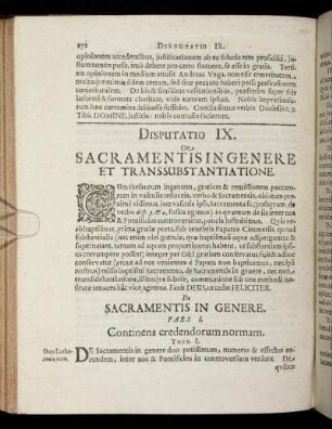 Disputatio IX. De Sacramentis In Genere Et Transsubstantatione