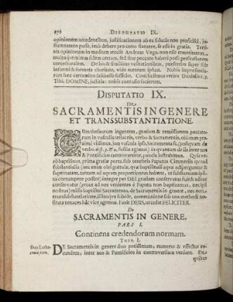 Disputatio IX. De Sacramentis In Genere Et Transsubstantatione