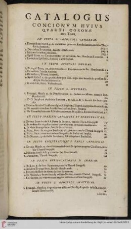 Catalogus concionvm hvivs qvarti coronæ anni Tomi