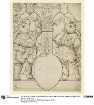 Zwei stehende bewafftete Bären neben einem leeren Wappenschild