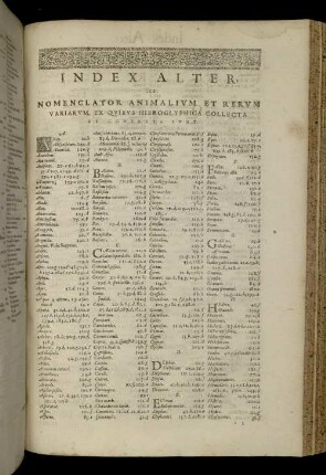 Index Alter, Nomenclator Animalium Et Rerum Variarum, Ex Quibus Hieroglyphica Collecta Et Contexta Sunt.