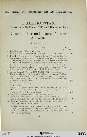 I. Auktionstag: Dienstag, den 16. Februar 1937, ab 3 Uhr nachmittags (Nr. 1-265)