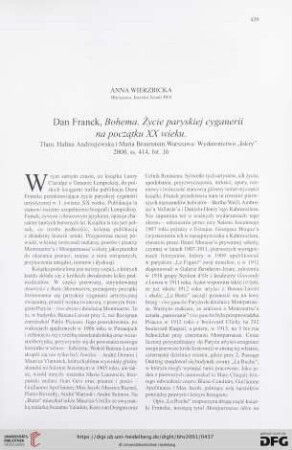 [Rezension von: Dan Franck, Bohema. Życie paryskiej cyganerii na początku XX wieku]
