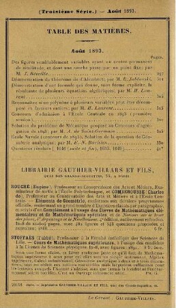 Table des matières. Août 1893.