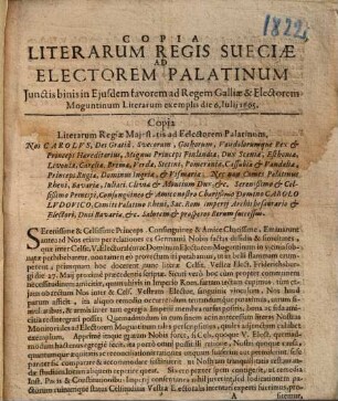 Copia literarum ... ad Electorem Palatinum ...