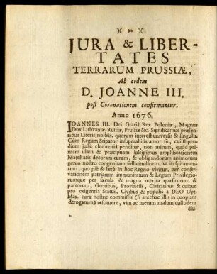 Iura & Libertates Terrarum Prussiae, Ab eodem D. Joanne III. ...