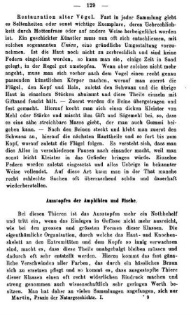 Ausstopfen der Amphibien und Fische.