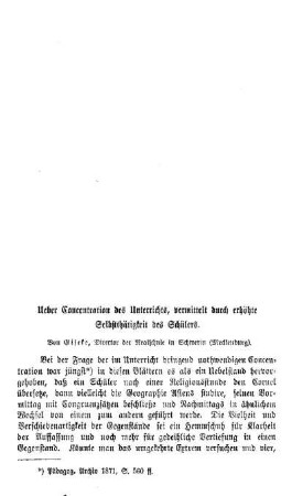 Ueber Concentration des Unterrichts, vermittelt durch erhöhte Selbstthätigkeit des Schülers