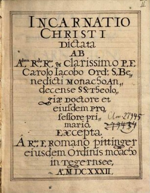 Caroli Jacobi tractatus de incarnatione Christi - BSB Clm 27945