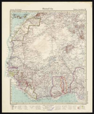 Bl. 82: Westafrika, 1944 : Bl. 82 : Westafrika : (Afrique Occidentale, West Africa, Africa Occidentale, Africa Occidental) / Leitung: H. Haack. - 10. Aufl. / Hundertjahr-Ausg. ; 1944, 11. - 1:7 500 000. - Gotha : Perthes , 1944. - 1 Kt. : mehrfarb. ; 42 x 33 cm. - Aus: Stielers Handatlas, [Bl.] 82