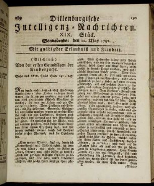 XIX. Stück. Sonnabends: den 12. May 1792.