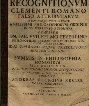 Philosophemata Potiora Recognitionvm Clementi Romano Falso Attribvtarvm