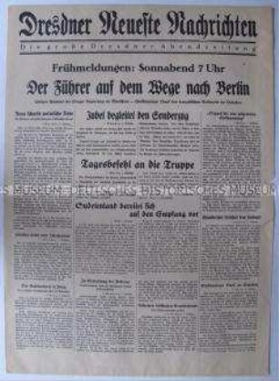Früh-Ausgabe (Nachrichtenblatt) der "Dresdner Neueste Nachrichten" mit Reaktionen auf das Münchner Abkommen