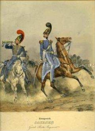 Uniformdarstellung, Trompeter und Offizier des Garde-Reiter-Regiments zu Pferd, Königreich Sachsen, 1838/1843. Tafel 80 im Buch: Eckert/Monten: Das deutsche Bundesheer.