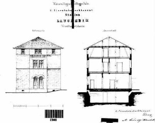 Lauchheim: Empfangsgeb.,Güterschuppen,Nebengebäude Querschnitt mit FU,Giebelansicht Ortsb.