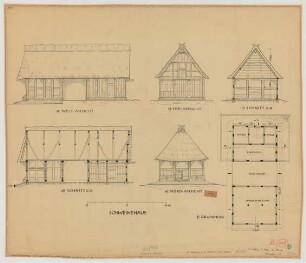 Preußisch Ströhen (Kreis Lübbecke): Hof Nr. 61 [Simon] Rohlfing. Schweinehaus (Grundriss, Ansichten, Schnitte)