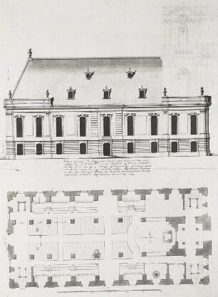 Dresden, Dreikönigskirche. Aufriß N-Seite und Erdgeschoßgrundriß, Blatt 15 : Dreikönigskirche, 1732