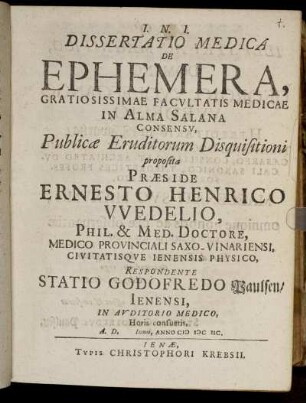 Dissertatio Medica De Ephemera