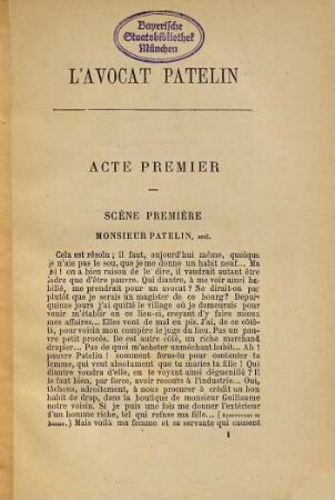 L' avocat Patelin : Comédie composée en trois actes, en prose par Brueys