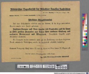 Militärischer Tagesbericht der Münchner Neuesten Nachrichten, München, Samstag, 30. März 1918, mittags 1 Uhr : Amtliche Meldung. W.T.B. Großes Hauptquartier, 30. März vormittags ; Westlicher Kriegsschauplatz: Auf dem Schlachtfelde nördlich von der Somme ist die Lage unverändert ...