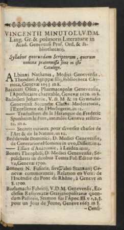 Vincentii Minutoli, V. D. M. Ling. Gr. & politioris Literaturae in Acad. Geneuensi Prof. Ord. & Bibliothecarij, ...