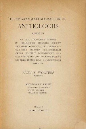 De epigrammatum Graecorum anthologiis libellus