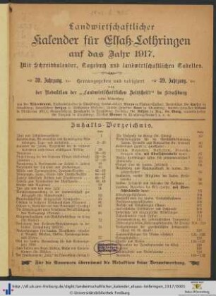 39. Jahrgang: Landwirtschaftlicher Kalender für Elsaß-Lothringen: ... auf das Jahr 1917