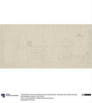 Darmstadt, Grosses Glückerthaus, Herrenzimmer, Aufrisse der Süd und Westwand